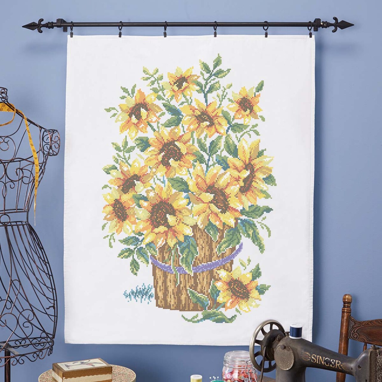 Herrschners Sunflower Basket Lap Quilt Top Stamped Cross-Stitch Kit